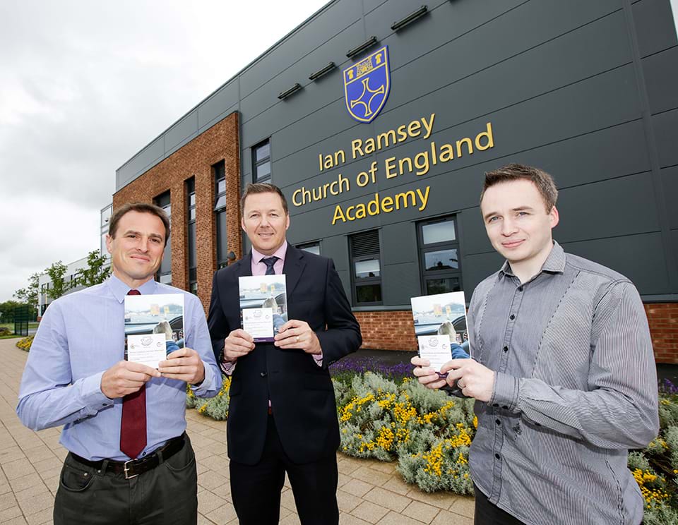 L-R: Paul Williams, newly elected Stockton South MP, with Brian Janes, CE Academy Head of School and David Robinson, of Thompsons Solicitors, following the launch of the RoadPeace guide.